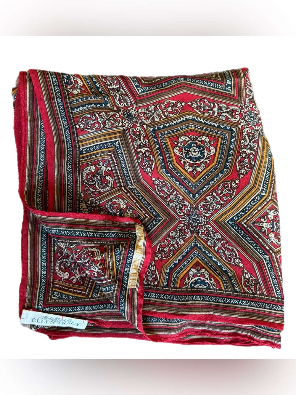 Vintage Linda Allard for Ellen Tracy Silk Scarf Red Gold Baroque Medallion Prep